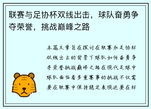 联赛与足协杯双线出击，球队奋勇争夺荣誉，挑战巅峰之路